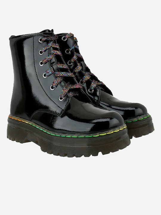 Exe Kids Patent Leather Military Boots with Lace Black -007