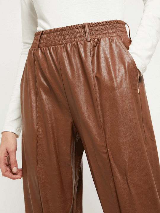 Damen Stoff Hose mit Gummizug in Karotten Passform Braun