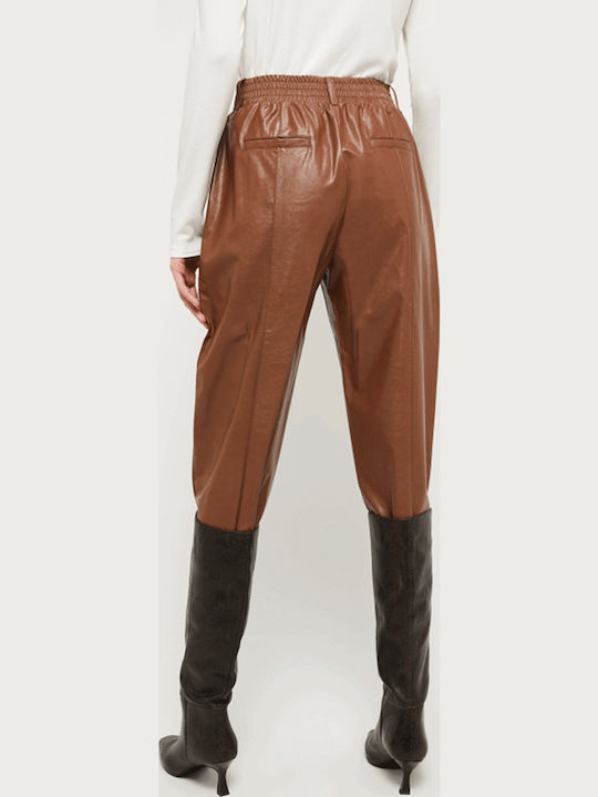 Damen Stoff Hose mit Gummizug in Karotten Passform Braun