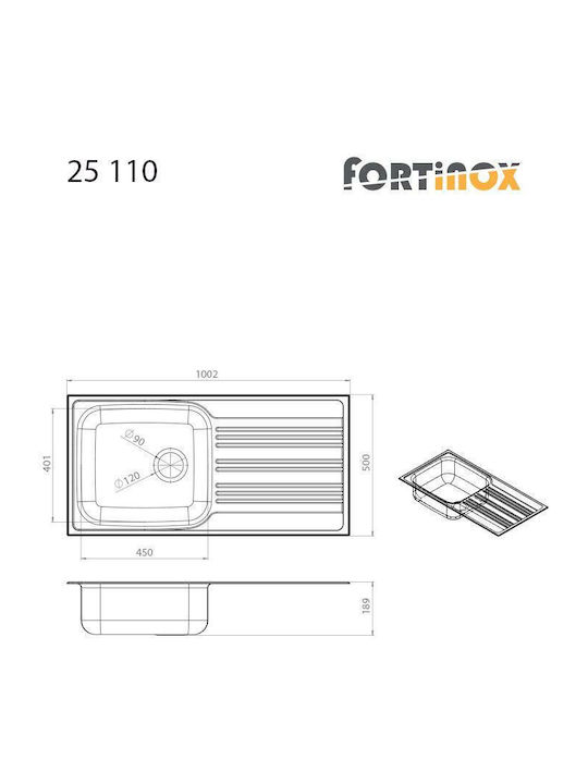 Fortinox Valley Ένθετος Νεροχύτης Inox Σατινέ Μ100xΠ50cm Ασημί