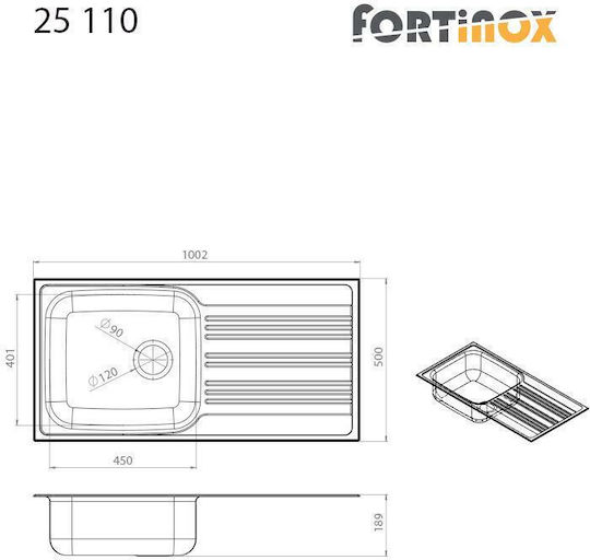 Fortinox Valley Ένθετος Νεροχύτης Inox Σατινέ Μ100xΠ50cm Ασημί