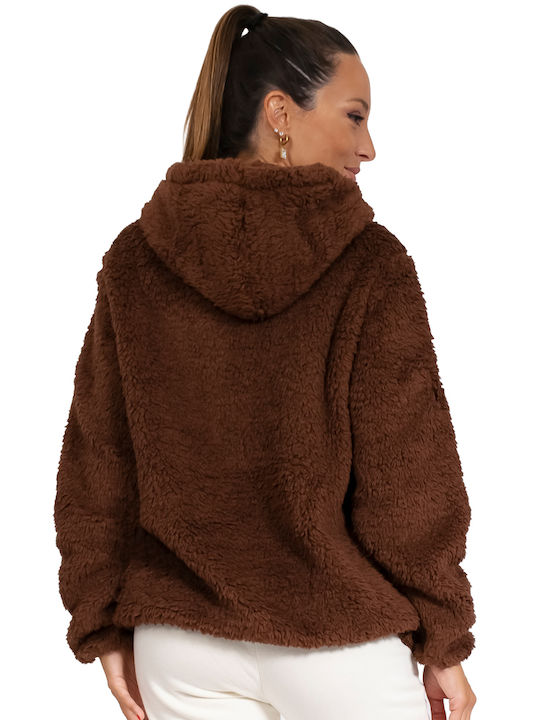 Body Action Women's Hooded Sherpa Cardigan Brown