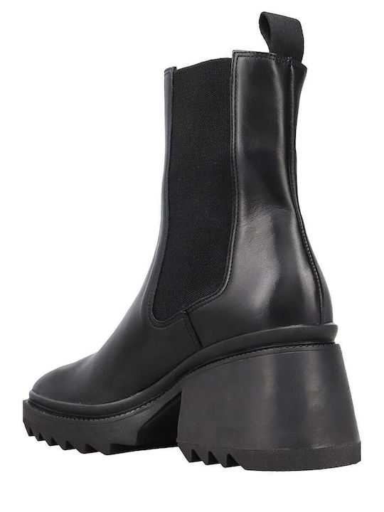 Craquele -INJ01 Leather Women's Chelsea Boots with Medium Heel Black