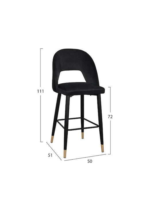 Stool Bar with Backrest Upholstered with Velvet Harper Black Velvet-Black Metal 50x51x111cm