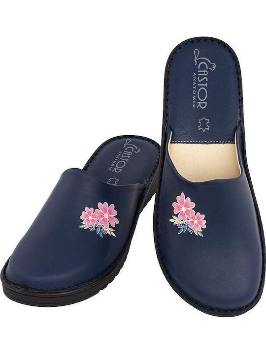 Anatomische Lederne Damen Hausschuhe Marineblau
