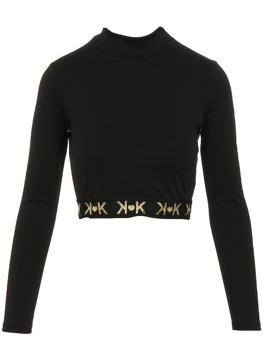 Bluze Damă Crop cu Guler Înalt Mânecă Lungă Negru