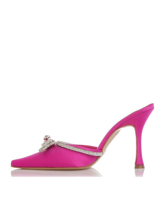 Satin Mules with Thin High Heel in Fuchsia Color