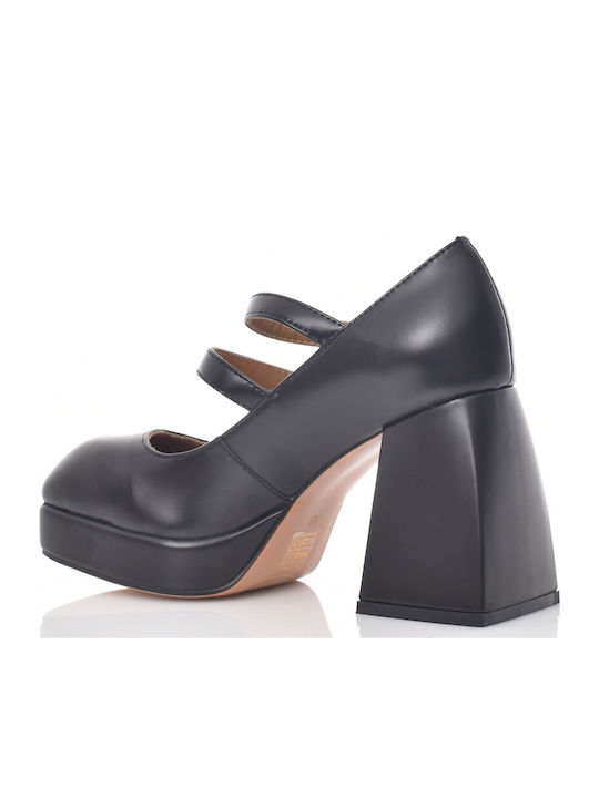 Leather Black High Heels with Strap Carolina