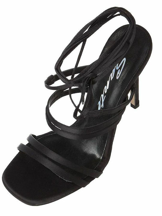 Fabric Women's Sandals with Laces Black with Thin High Heel