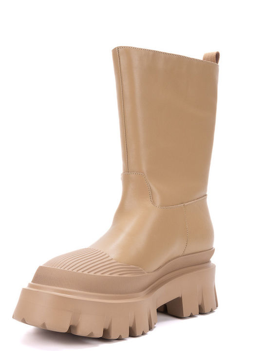 Vera Leather Women's Ankle Boots with Medium Heel Beige