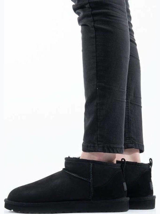 Classic Ultra Mini Suede Women's Ankle Boots with Fur Black