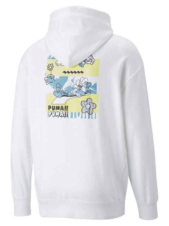 PUMA Downtown Graphic Φούτερ Λευκό με Κουκούλα