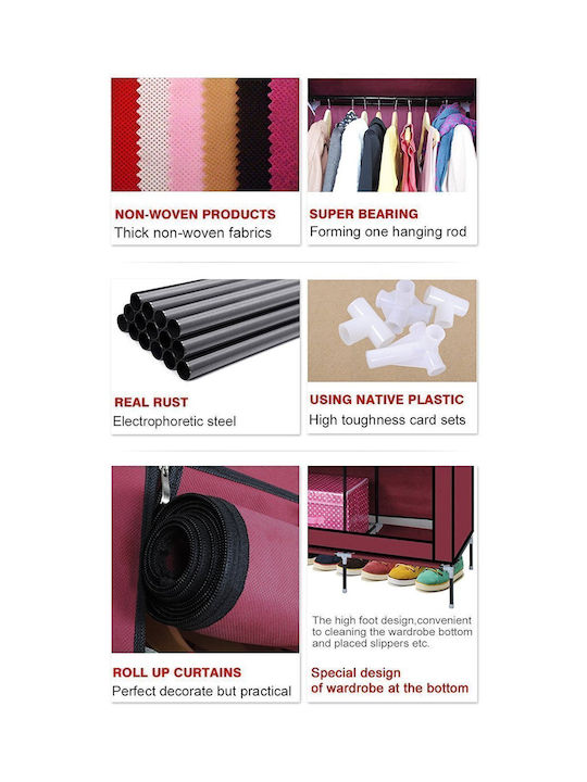 Factory Fabric Wardrobe with Shelves in Red Color 130x45x175cm