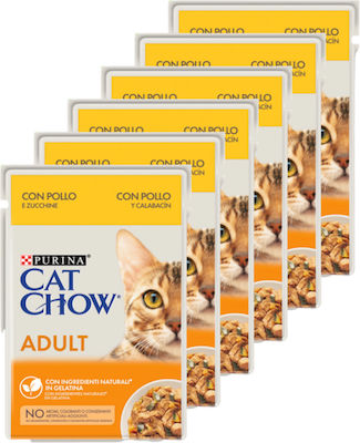 Purina Cat Chow Adult Храна за мокри котешки хранилки за възрастни котки с Чантичка с Пилешко в желе & Κολοκυθάκια σε Ζελέ 85гр 6бр