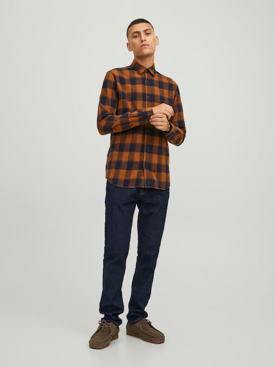 Jack & Jones Men's Shirt Long Sleeve Flannel Checked Orange