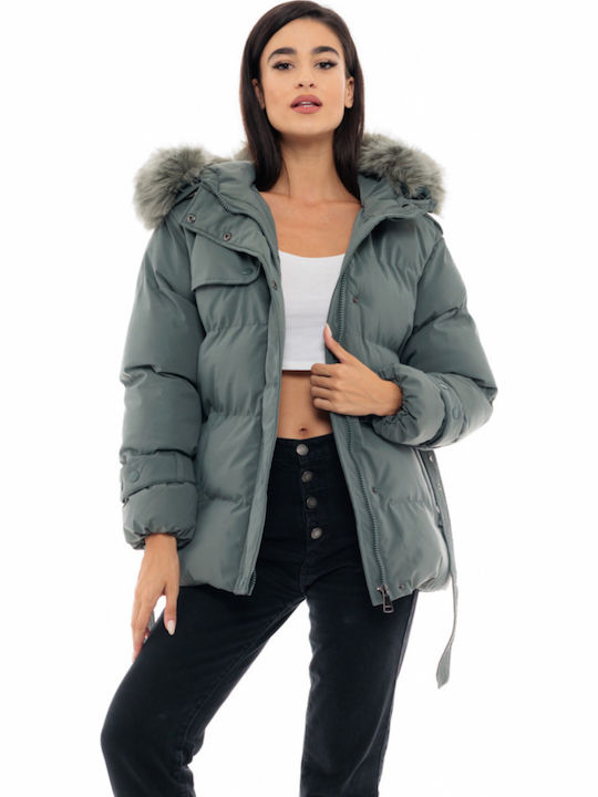 Scurtă Jachetă de femei Puffer cu glugă de blană Verde