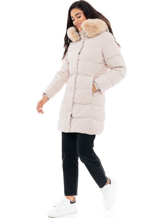 Women's Long Puffer Jacket for Winter with Detachable Hood Beige