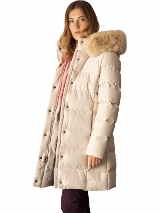 Women's Long Puffer Jacket for Winter with Detachable Hood Beige