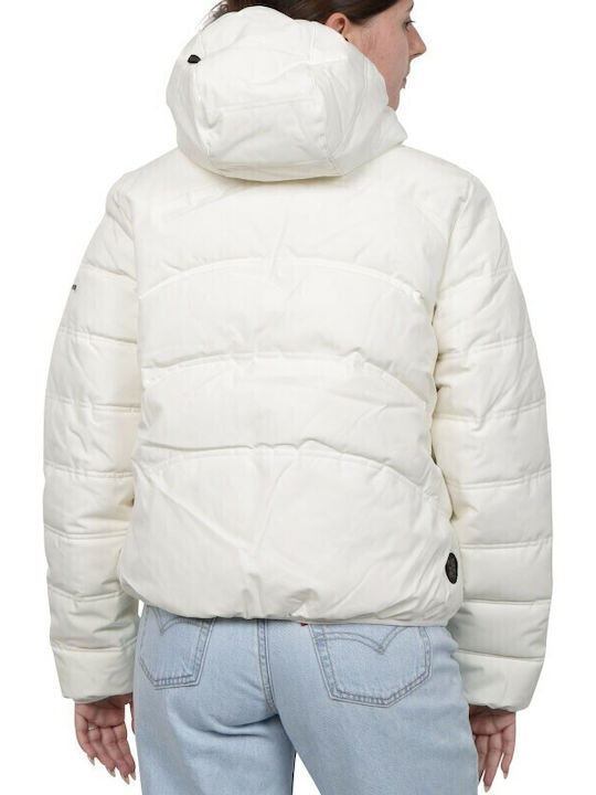 Women's Short Puffer Jacket Waterproof and Windproof for Winter with Hood White
