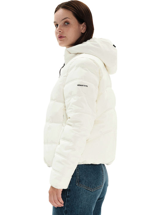 Women's Short Puffer Jacket Waterproof and Windproof for Winter with Hood White