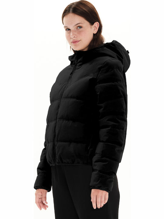Women's Short Puffer Jacket Waterproof and Windproof for Winter with Hood Black