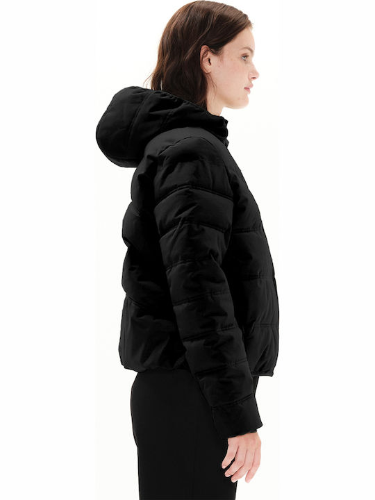 Women's Short Puffer Jacket Waterproof and Windproof for Winter with Hood Black