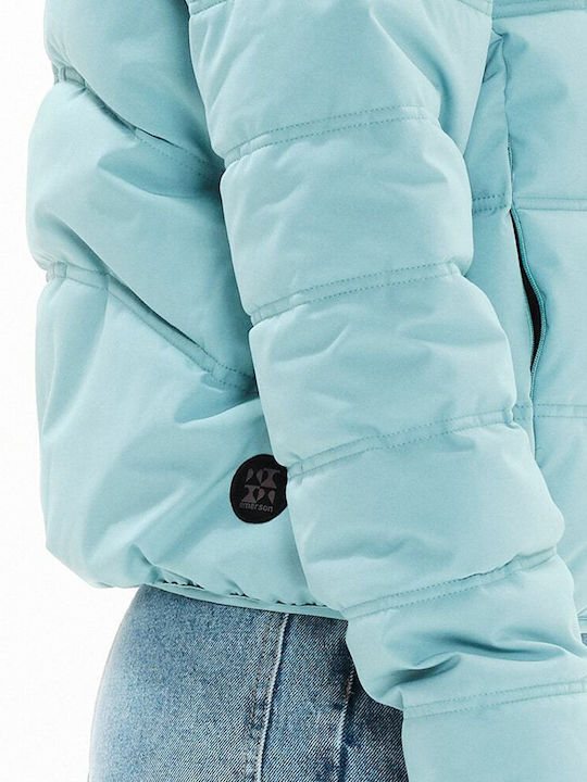 222.EW10.18 Women's Short Puffer Jacket Waterproof and Windproof for Winter with Hood Turquoise