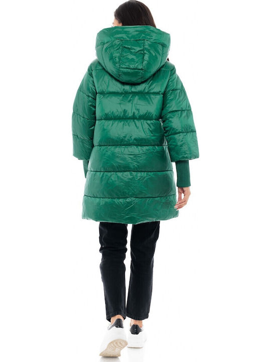 Women's Long Puffer Jacket for Winter with Hood Green