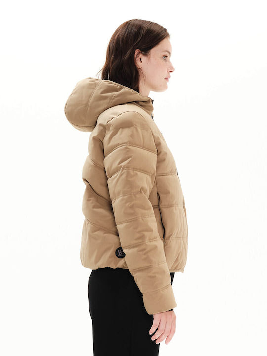 Women's Short Puffer Jacket Waterproof and Windproof for Winter with Hood Beige