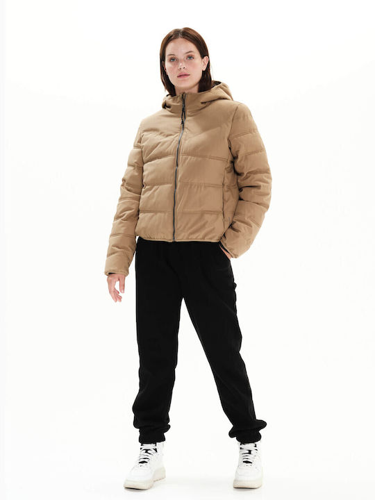 Women's Short Puffer Jacket Waterproof and Windproof for Winter with Hood Beige