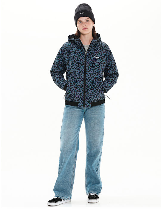 Women's Short Sports Jacket Waterproof and Windproof for Winter with Hood Blue