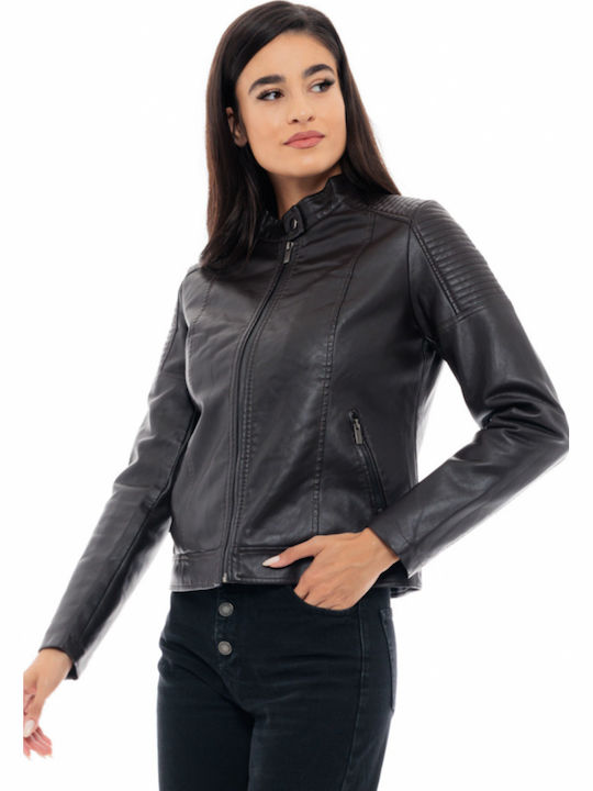 Women's Short Biker Artificial Leather Jacket for Winter Brown