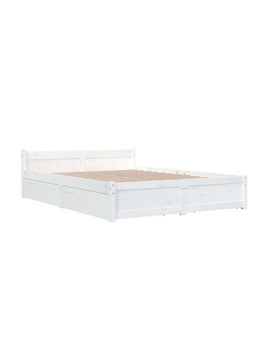 Κρεβάτι Διπλό από Μασίφ Ξύλο Λευκό με Συρτάρια & Τάβλες 140x200cm