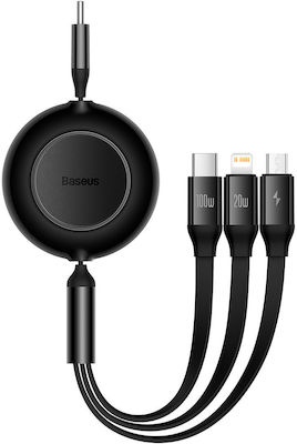 Baseus Bright Mirror 2 Ausziehbar USB zu Blitzschlag / Typ-C / Micro-USB Kabel Schwarz 1.1m (CAMJ010201)