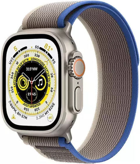 Apple Watch Ultra Titanium 49mm Αδιάβροχο με eSIM και Παλμογράφο (Blue/Gray Trail Loop S/M - S/M)