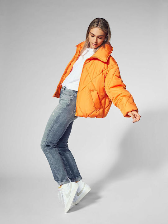 Only Women's Short Puffer Jacket for Winter Orange