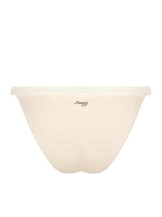 Go Ribbed H Tanga Βαμβακερά Femei Slip 2Pack cu Dantelă Bej