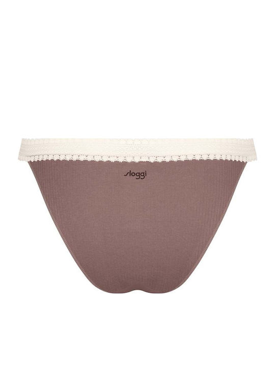 Go Ribbed H Tanga Βαμβακερά Femei Slip 2Pack cu Dantelă Bej
