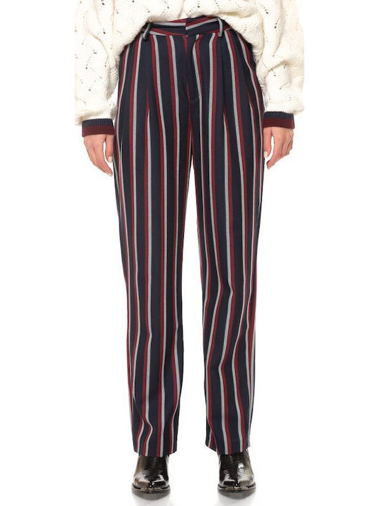 Fiorel Women's Fabric Trousers Straight Line Striped Blue