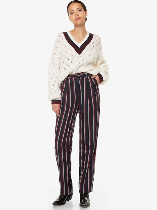 Fiorel Women's Fabric Trousers Straight Line Striped Blue