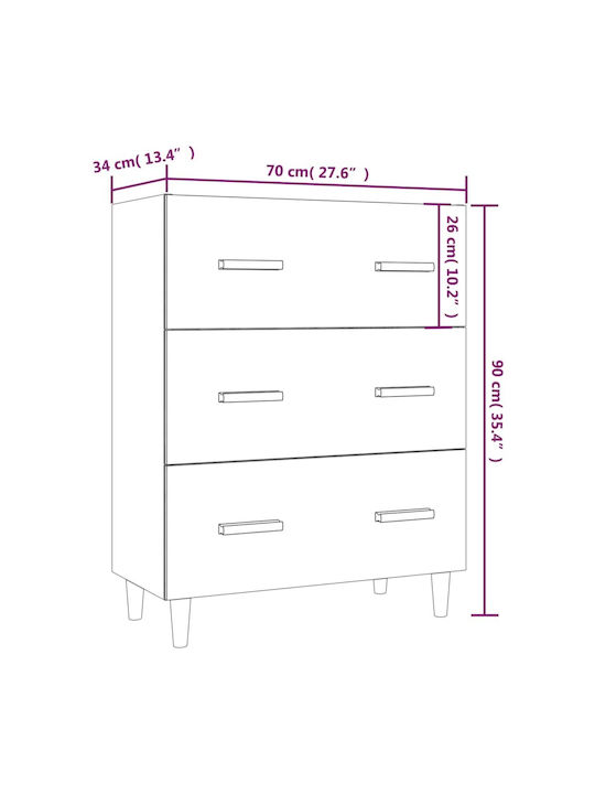 Wooden Chest of Drawers with 3 Drawers Brown Oak 70x34x90cm