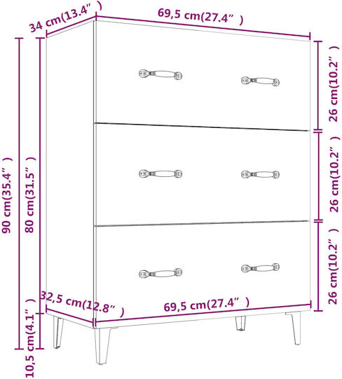Wooden Chest of Drawers with 3 Drawers White 69.5x34x90cm