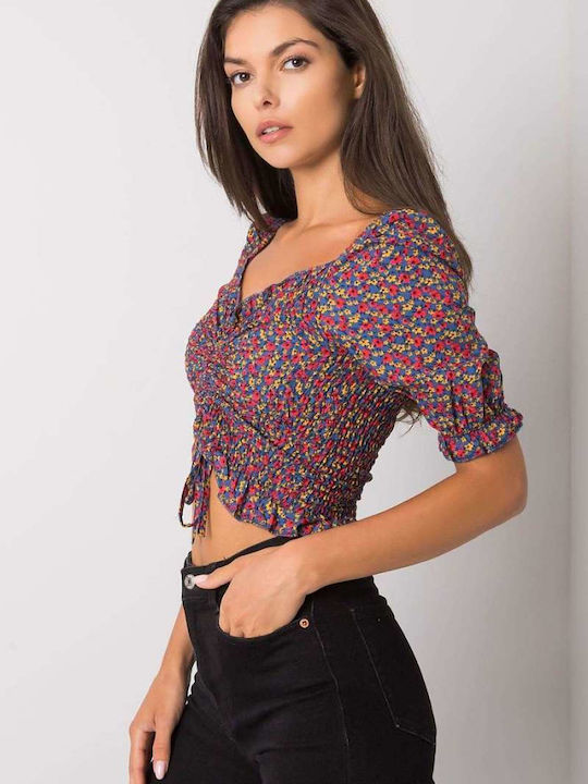 Rue Paris Дамско Лятно Crop Top Памучно с Ръкав 3/4 & V Обло Деколте Цветя Dark Blue Multicoloured