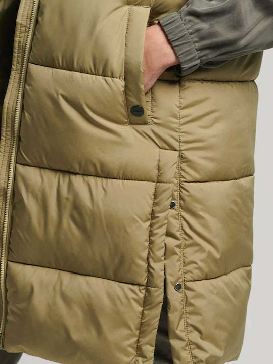 Μακρύ Γυναικείο Puffer Μπουφάν για Χειμώνα Χακί