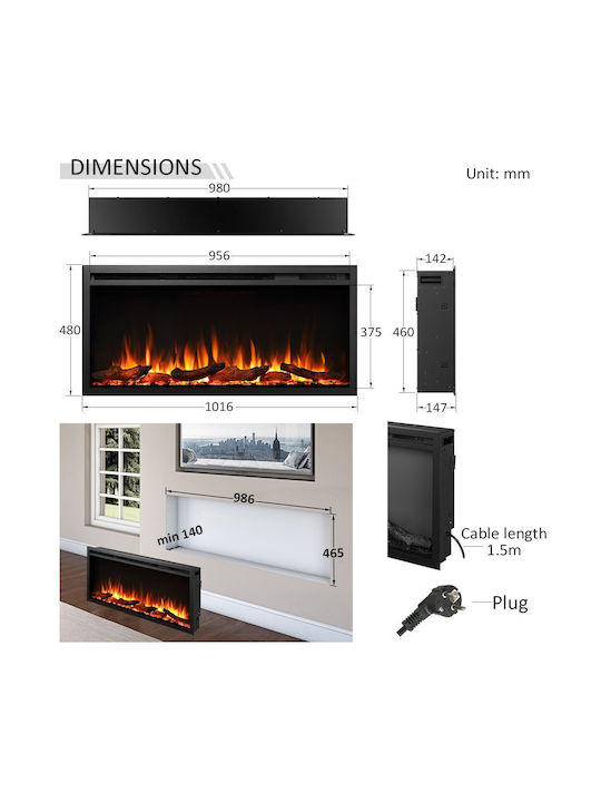 Richen Insert 102 Επιτοίχιο Ηλεκτρικό Τζάκι 2000W 101.6x48cm Μαύρο