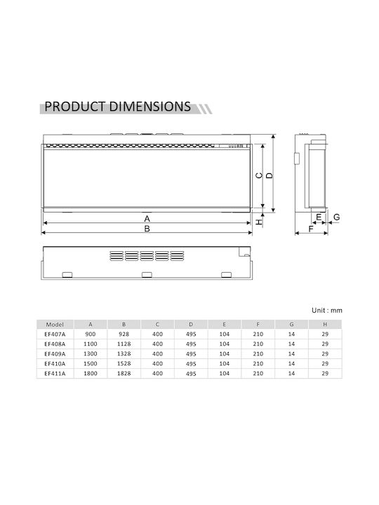 Richen 3D R-EF 407A Montat pe perete Șemineu electric 2000W 110x59cm Negru