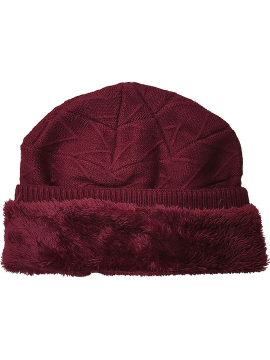 Unisex Long Lined Wool Beanie - Zig Zag Design - Bordeaux