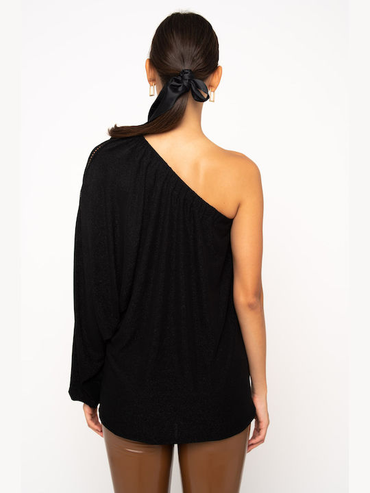 Striped blouse with one shoulder and lace opening detail on the sleeve BLACK