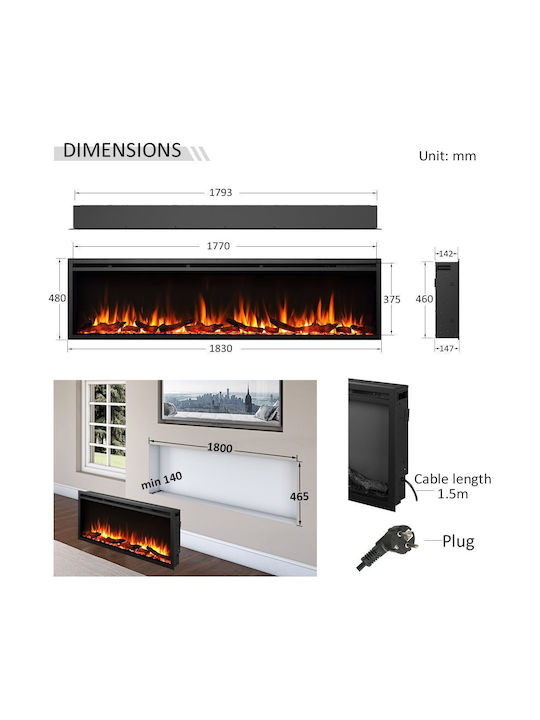 Richen Insert 183 Επιτοίχιο Ηλεκτρικό Τζάκι 2000W 183x48cm Μαύρο