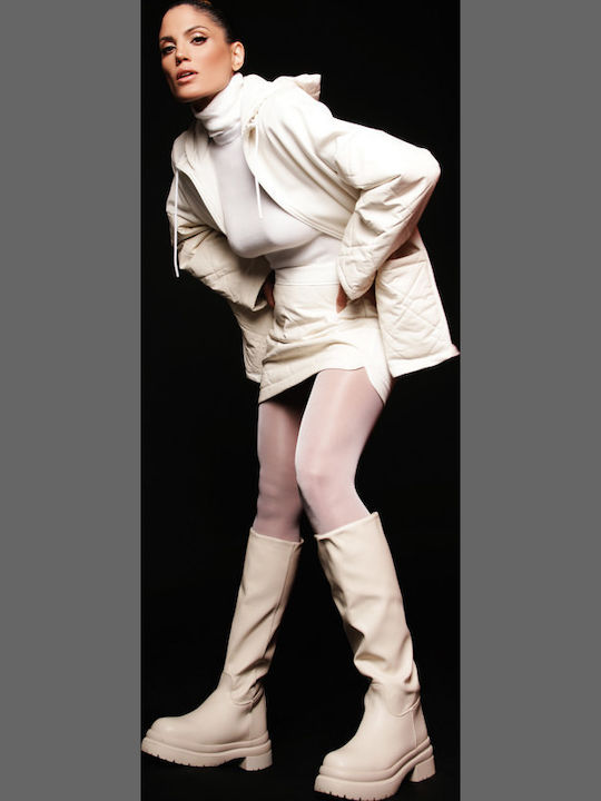 Synthetic Leather Women's Boots with Rubber Beige